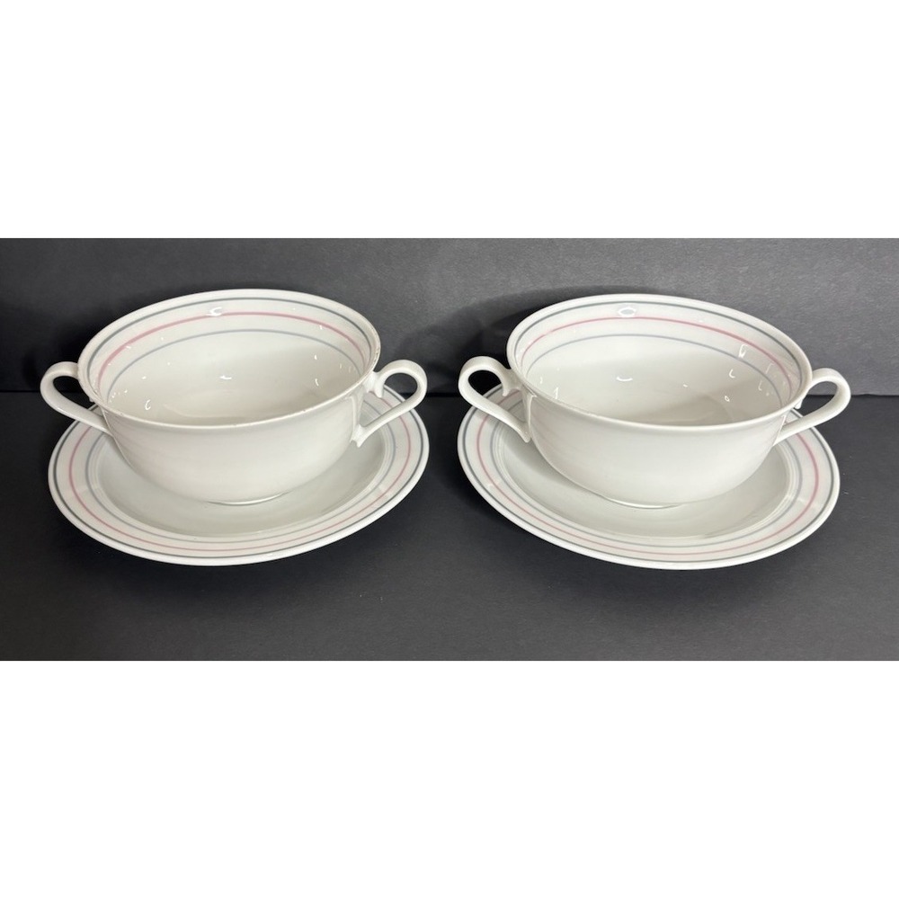 2 Johann Seltmann Vohenstrauss Bavaria Cream Soup Double Handled Bowls & Saucers